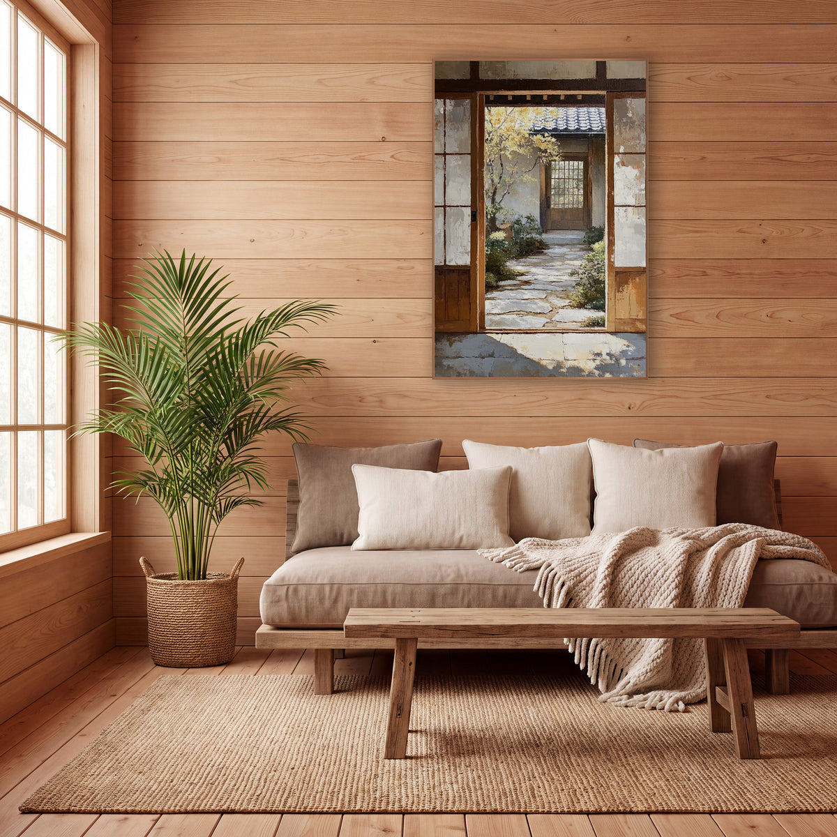 Japanese Garden Doorway Stone Path wall art in a calm Japandi-style room – open wooden doorway with worn white panels