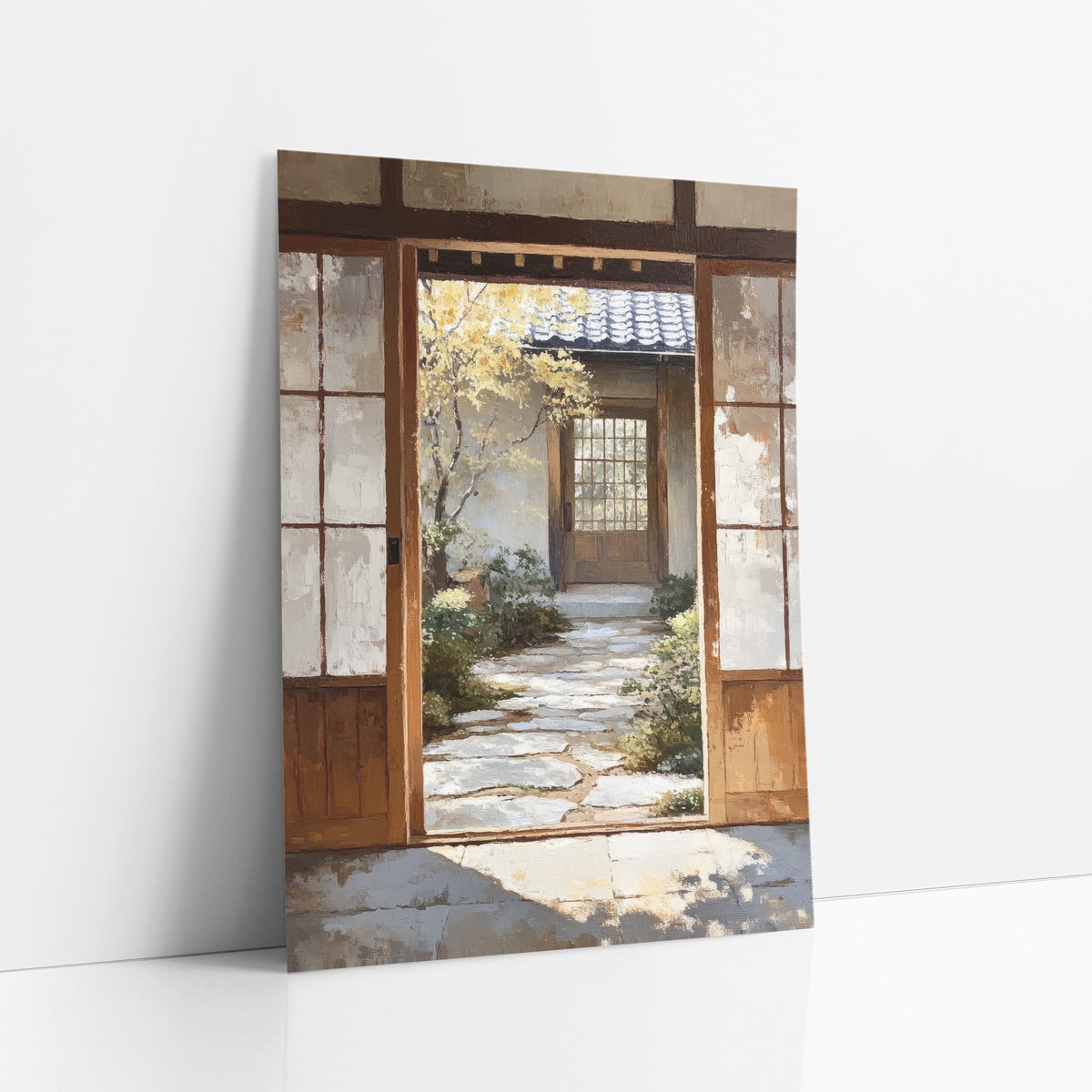 Japanese Garden Doorway Stone Path art print leaning against a white wall – open wooden doorway with worn white panels