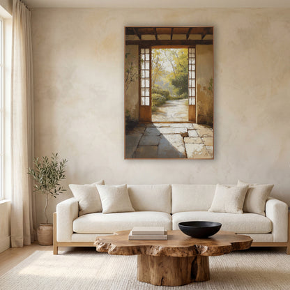Golden Gateway Trail Rustic Japandi wall art in a calm Japandi-style room – open wooden doorway with paned side