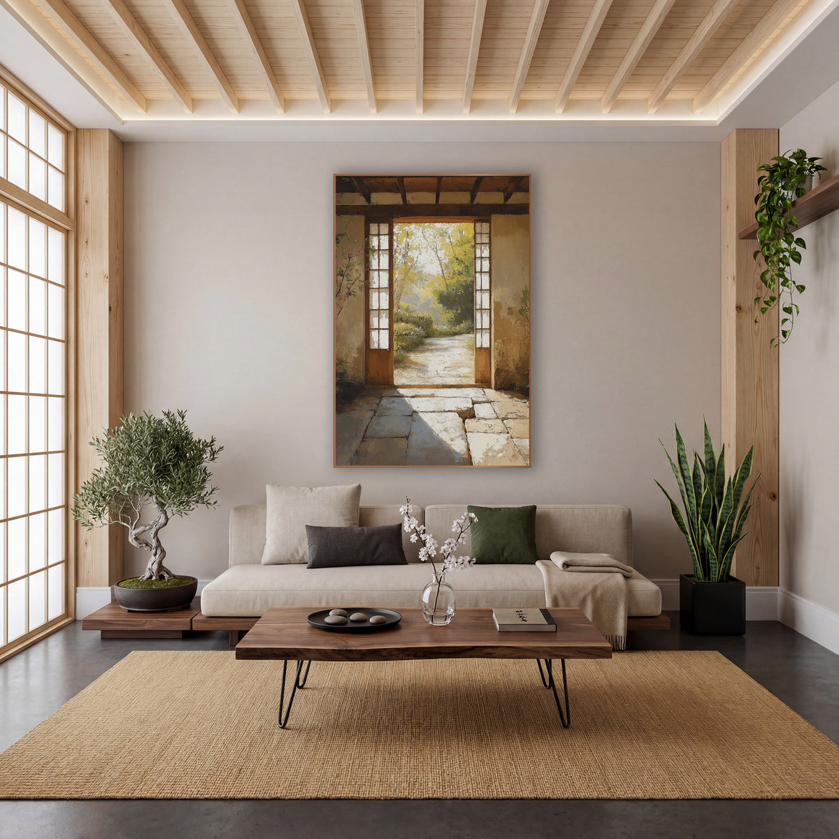 Golden Gateway Trail Rustic Japandi wall art in a calm Japandi-style room – open wooden doorway with paned side