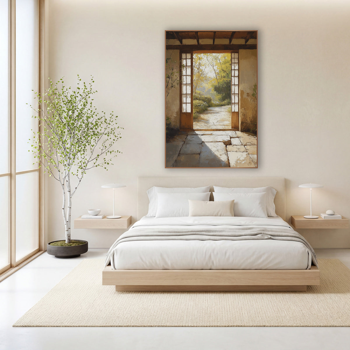Golden Gateway Trail Rustic Japandi wall art in a calm Japandi-style room – open wooden doorway with paned side