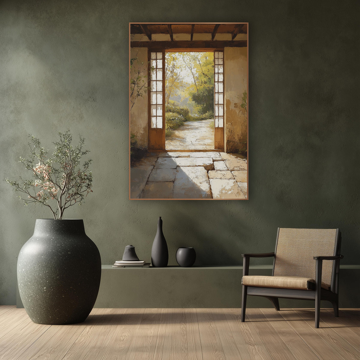 Golden Gateway Trail Rustic Japandi wall art in a calm Japandi-style room – open wooden doorway with paned side