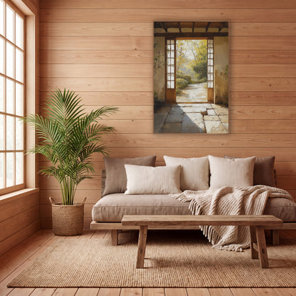 Golden Gateway Trail Rustic Japandi wall art in a calm Japandi-style room – open wooden doorway with paned side
