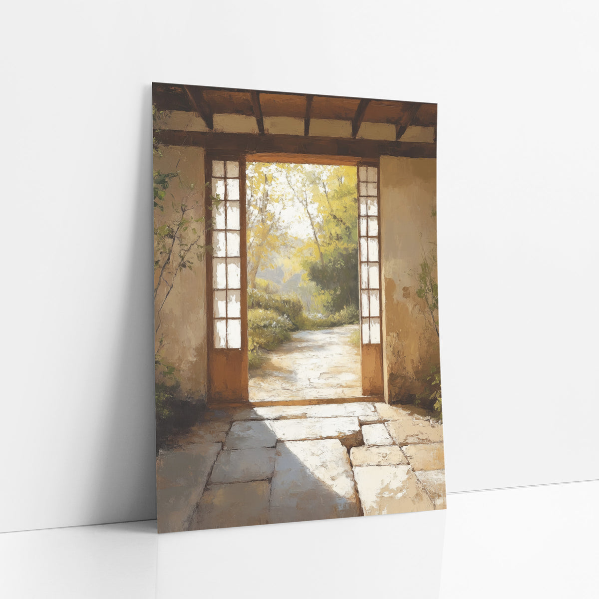 Golden Gateway Trail Rustic Japandi art print leaning against a white wall – open wooden doorway with paned side windows