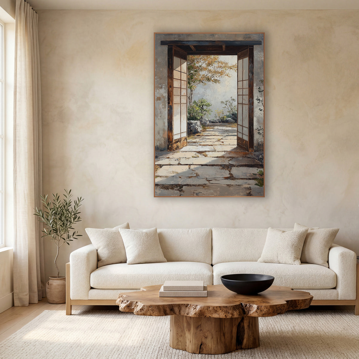 Weathered Stone Gateway Maple Japandi wall art in a calm Japandi-style room – open wooden doorway with pale panel