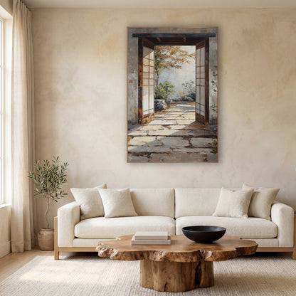 Weathered Stone Gateway Maple Japandi wall art in a calm Japandi-style room – open wooden doorway with pale panel