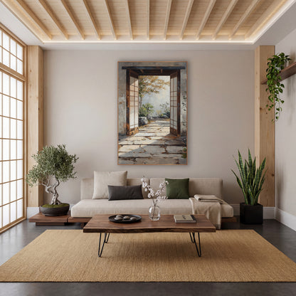 Weathered Stone Gateway Maple Japandi wall art in a calm Japandi-style room – open wooden doorway with pale panel
