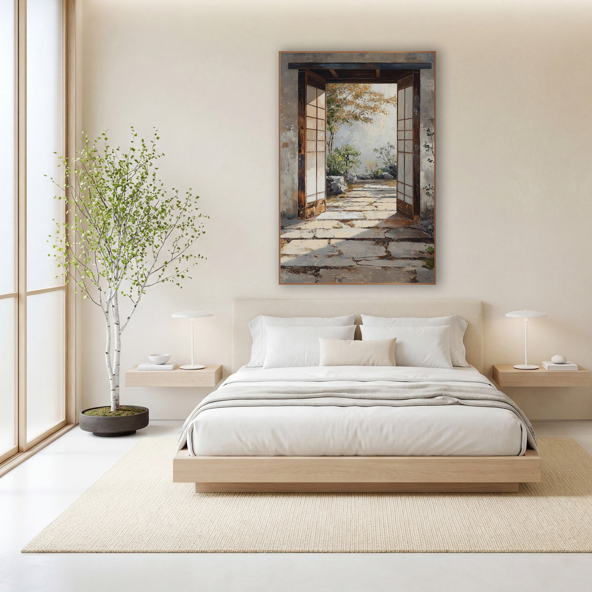 Weathered Stone Gateway Maple Japandi wall art in a calm Japandi-style room – open wooden doorway with pale panel