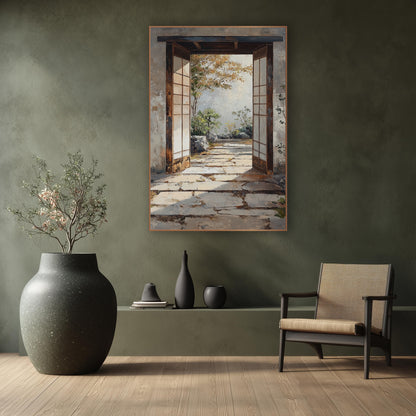 Weathered Stone Gateway Maple Japandi wall art in a calm Japandi-style room – open wooden doorway with pale panel