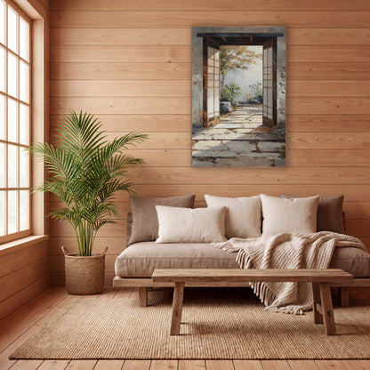 Weathered Stone Gateway Maple Japandi wall art in a calm Japandi-style room – open wooden doorway with pale panel