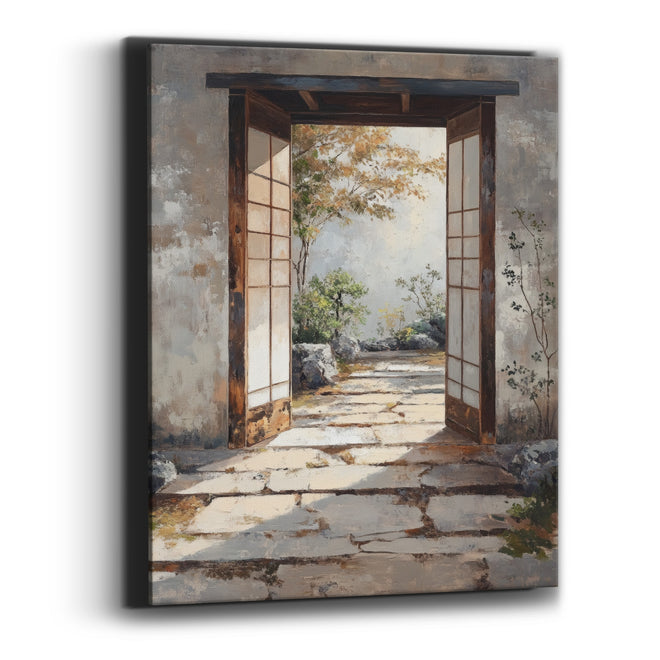 Weathered Stone Gateway Maple Japandi Canvas Wall Art