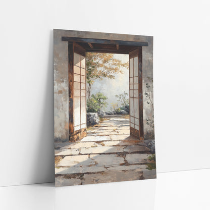 Weathered Stone Gateway Maple Japandi art print leaning against a white wall – open wooden doorway with pale panel doors