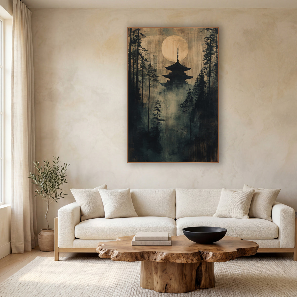 Misty Pagoda Moon Forest Japandi wall art in a calm Japandi-style room – dark pagoda silhouette under a large pale