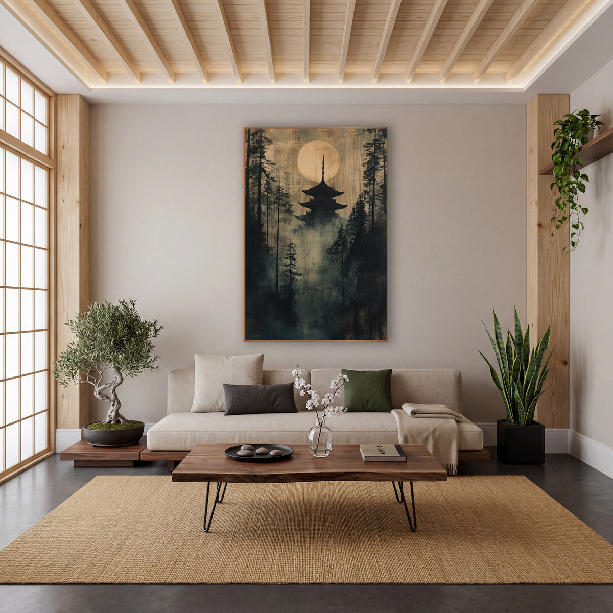 Misty Pagoda Moon Forest Japandi wall art in a calm Japandi-style room – dark pagoda silhouette under a large pale