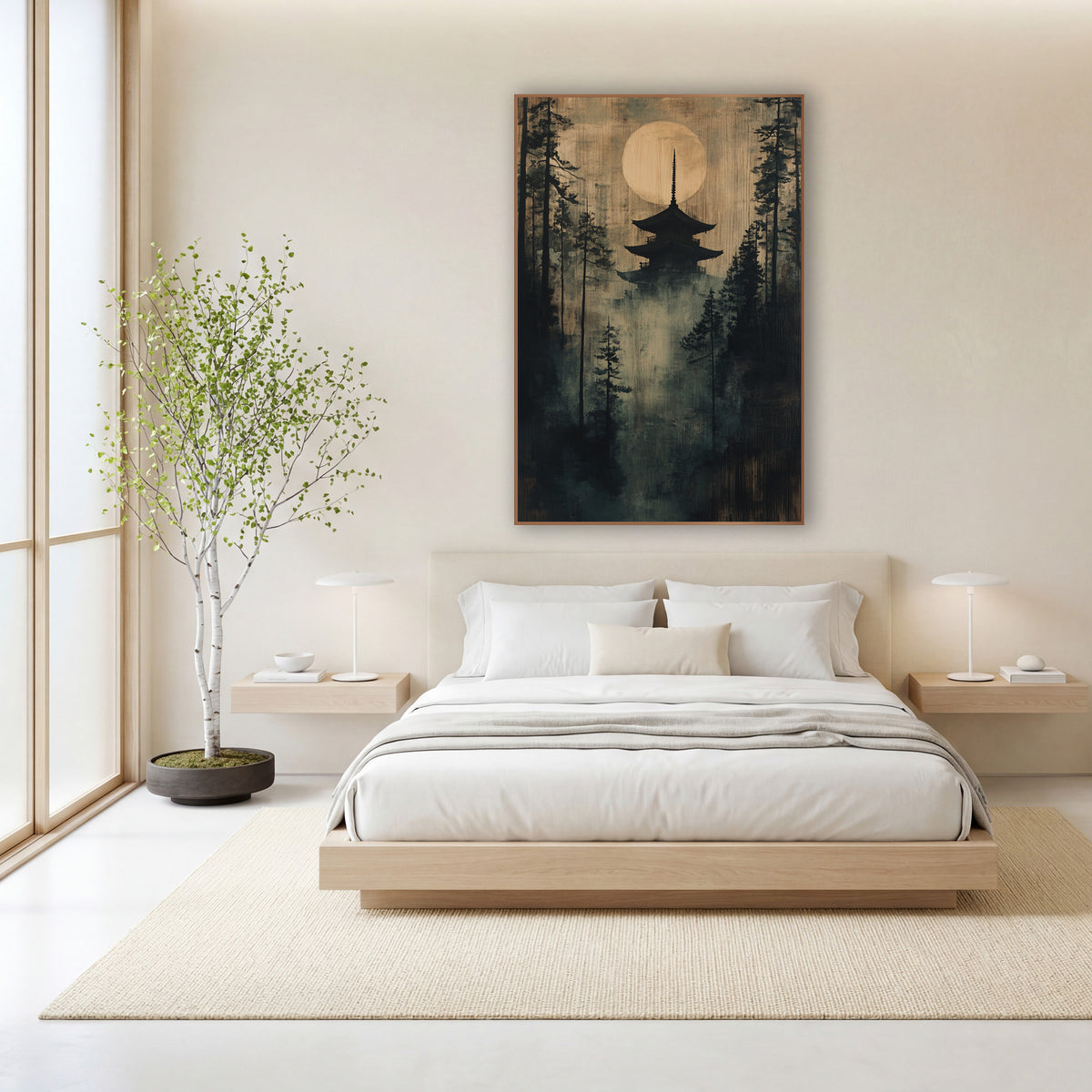 Misty Pagoda Moon Forest Japandi wall art in a calm Japandi-style room – dark pagoda silhouette under a large pale