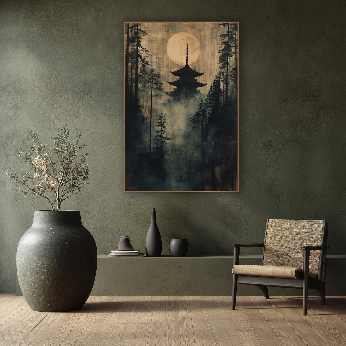 Misty Pagoda Moon Forest Japandi wall art in a calm Japandi-style room – dark pagoda silhouette under a large pale