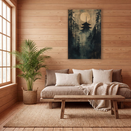 Misty Pagoda Moon Forest Japandi wall art in a calm Japandi-style room – dark pagoda silhouette under a large pale