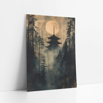 Misty Pagoda Moon Forest Japandi art print leaning against a white wall – dark pagoda silhouette under a large pale moon