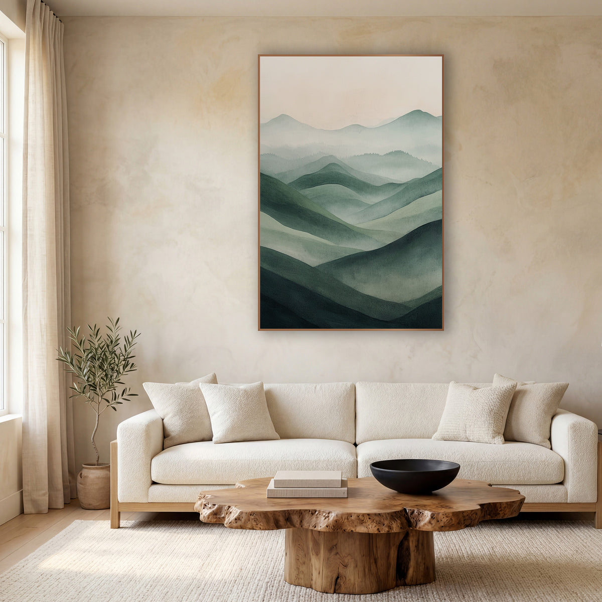 Sage Green Misty Hills Landscape wall art in a calm Japandi-style room – layered sage green hills fading into pale