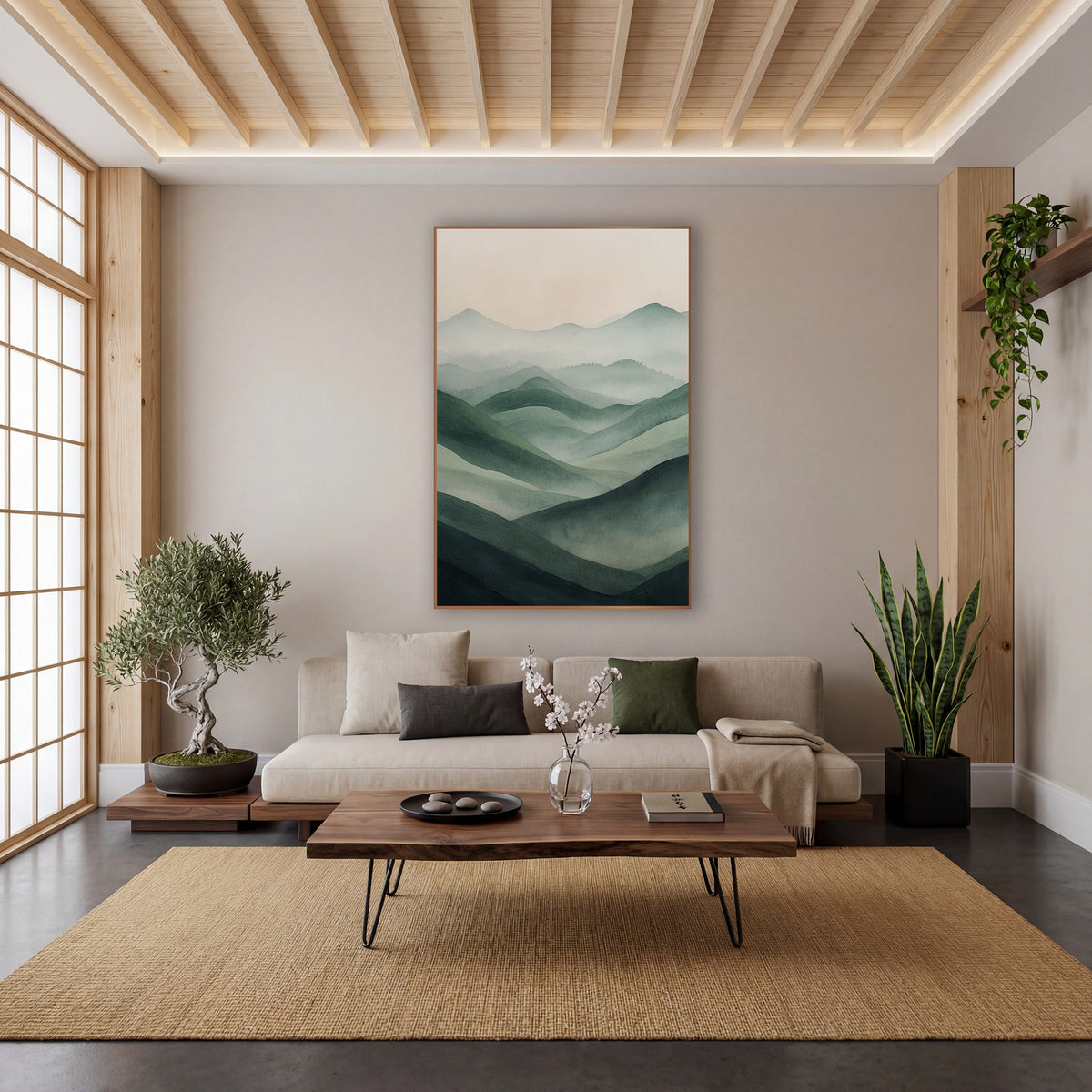 Sage Green Misty Hills Landscape wall art in a calm Japandi-style room – layered sage green hills fading into pale