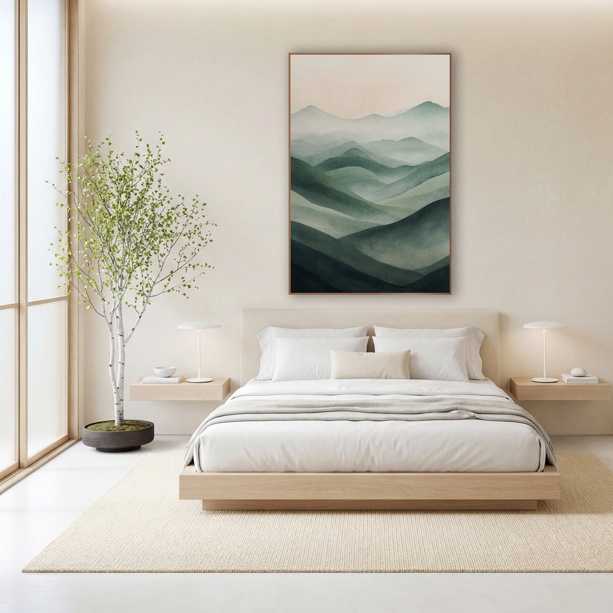 Sage Green Misty Hills Landscape wall art in a calm Japandi-style room – layered sage green hills fading into pale