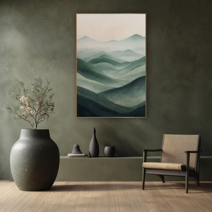 Sage Green Misty Hills Landscape wall art in a calm Japandi-style room – layered sage green hills fading into pale