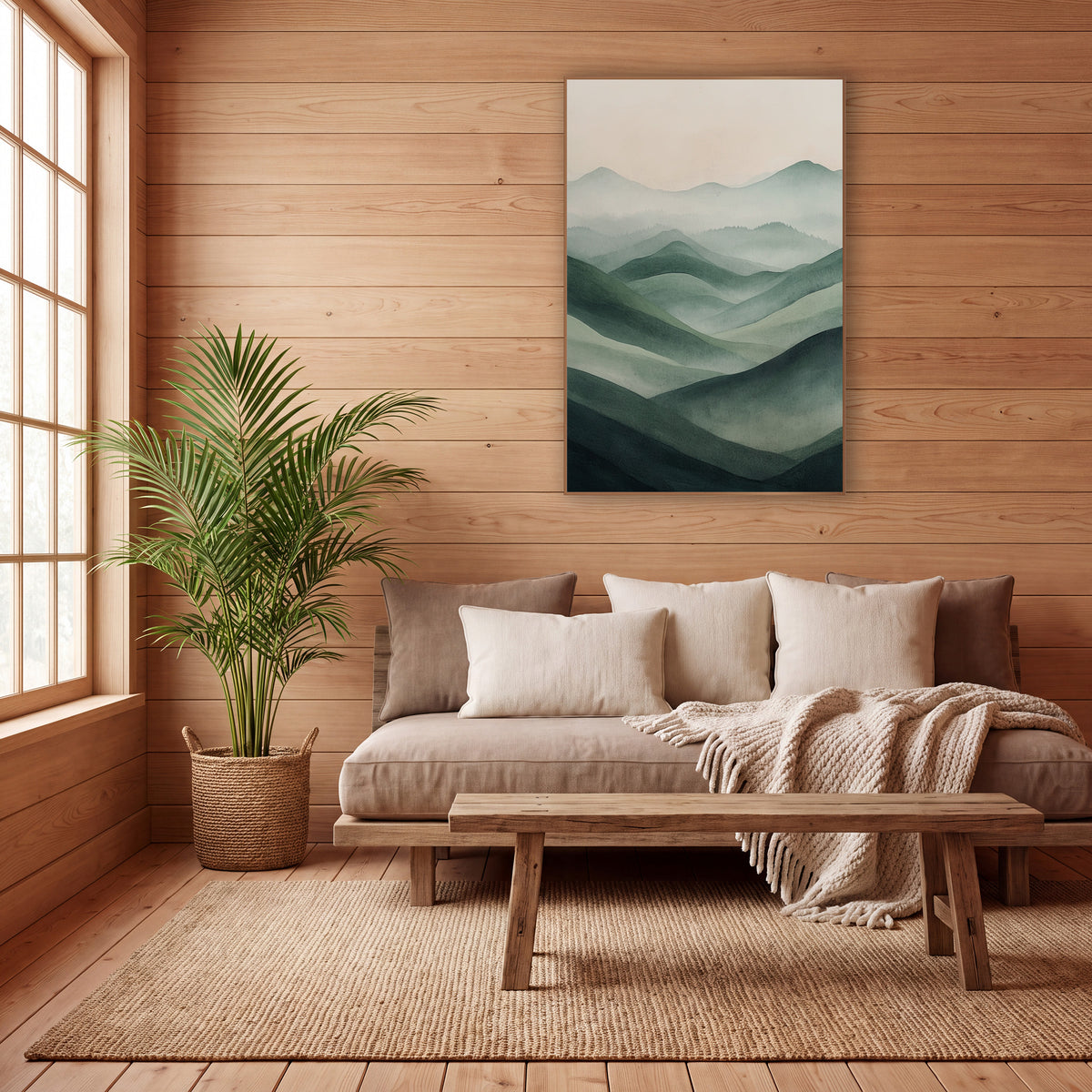 Sage Green Misty Hills Landscape wall art in a calm Japandi-style room – layered sage green hills fading into pale