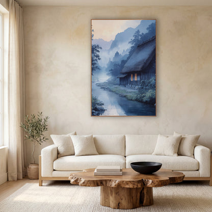 Misty River Thatched Farmhouse Japandi wall art in a calm Japandi-style room – thatched farmhouse with glowing windows