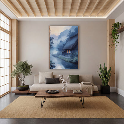 Misty River Thatched Farmhouse Japandi wall art in a calm Japandi-style room – thatched farmhouse with glowing windows