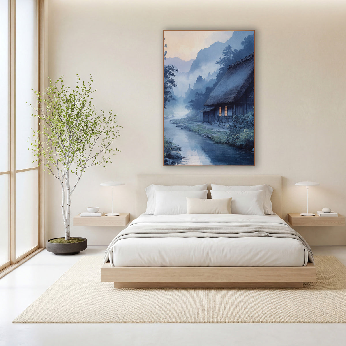Misty River Thatched Farmhouse Japandi wall art in a calm Japandi-style room – thatched farmhouse with glowing windows