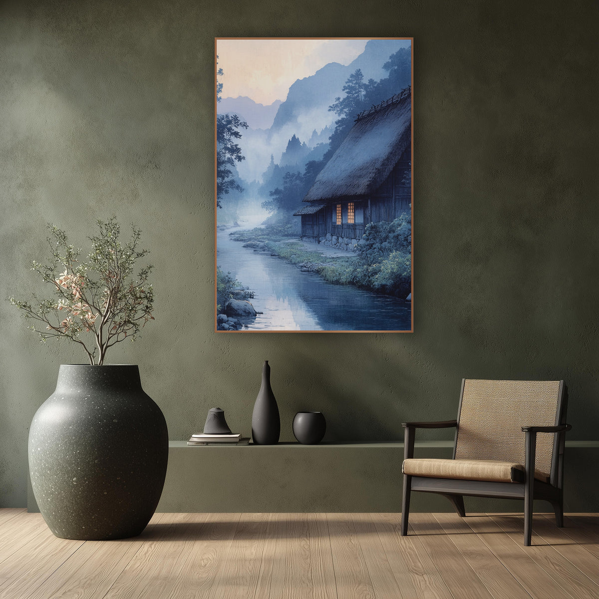 Misty River Thatched Farmhouse Japandi wall art in a calm Japandi-style room – thatched farmhouse with glowing windows