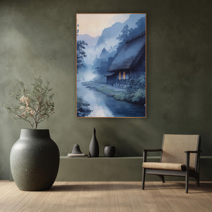 Misty River Thatched Farmhouse Japandi wall art in a calm Japandi-style room – thatched farmhouse with glowing windows