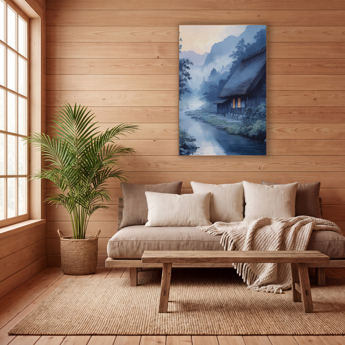 Misty River Thatched Farmhouse Japandi wall art in a calm Japandi-style room – thatched farmhouse with glowing windows