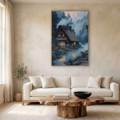 Misty River Farmhouse Japandi wall art in a calm Japandi-style room – thatched farmhouse with glowing amber windows