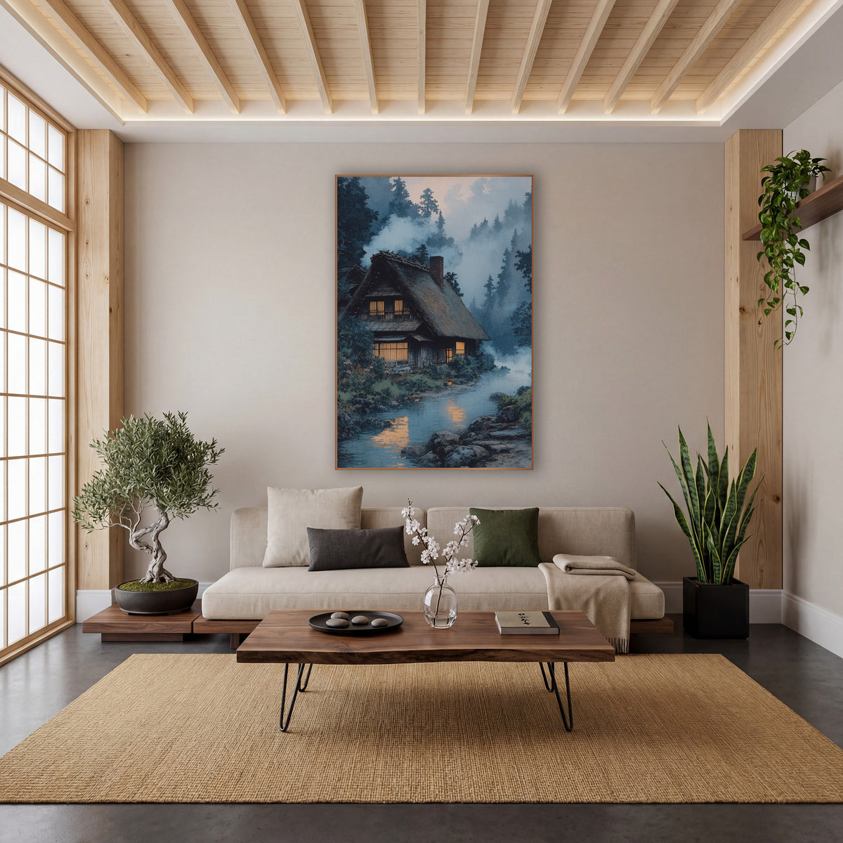 Misty River Farmhouse Japandi wall art in a calm Japandi-style room – thatched farmhouse with glowing amber windows