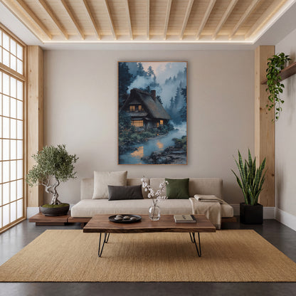 Misty River Farmhouse Japandi wall art in a calm Japandi-style room – thatched farmhouse with glowing amber windows