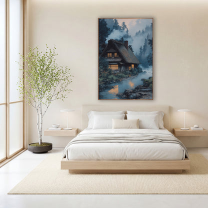 Misty River Farmhouse Japandi wall art in a calm Japandi-style room – thatched farmhouse with glowing amber windows
