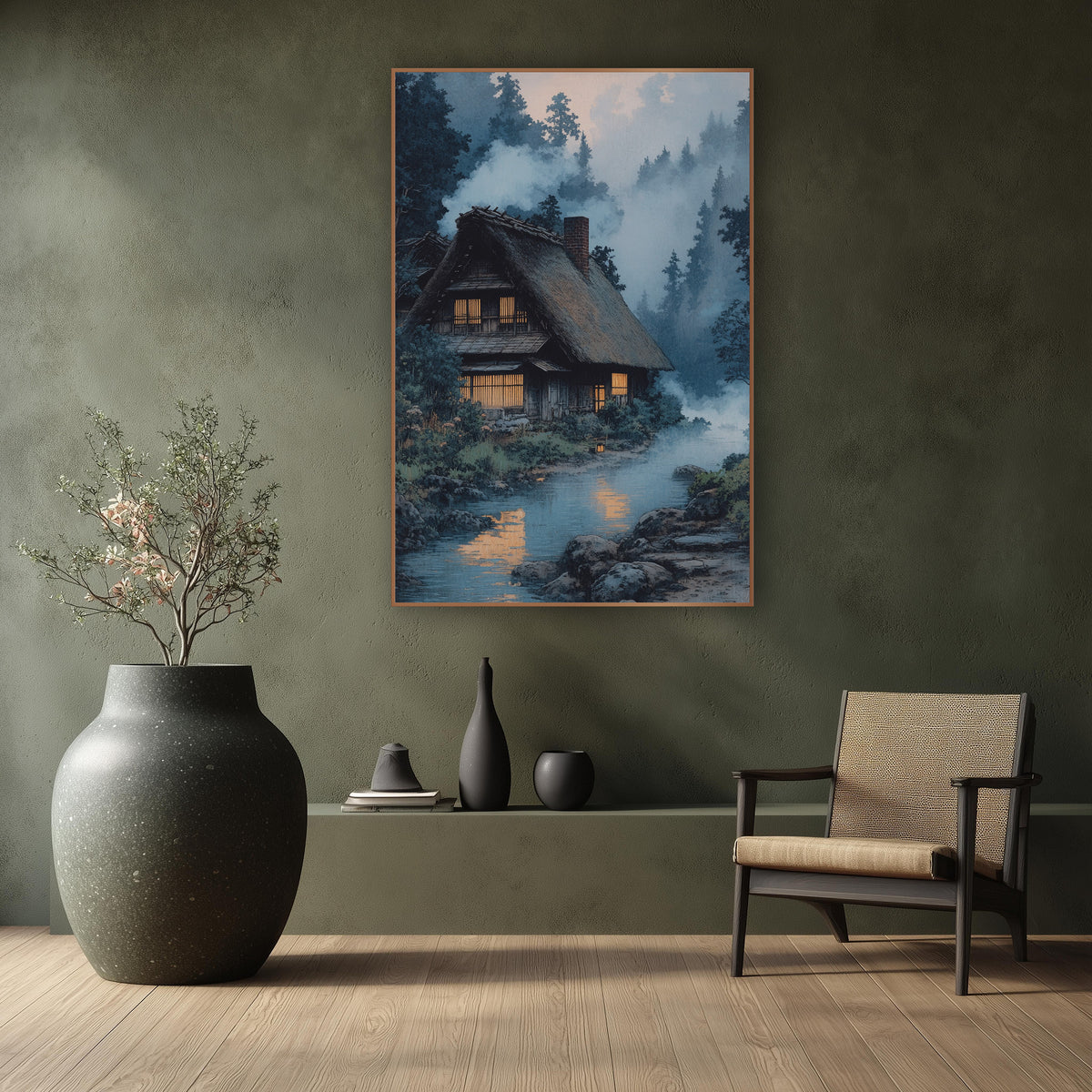 Misty River Farmhouse Japandi wall art in a calm Japandi-style room – thatched farmhouse with glowing amber windows