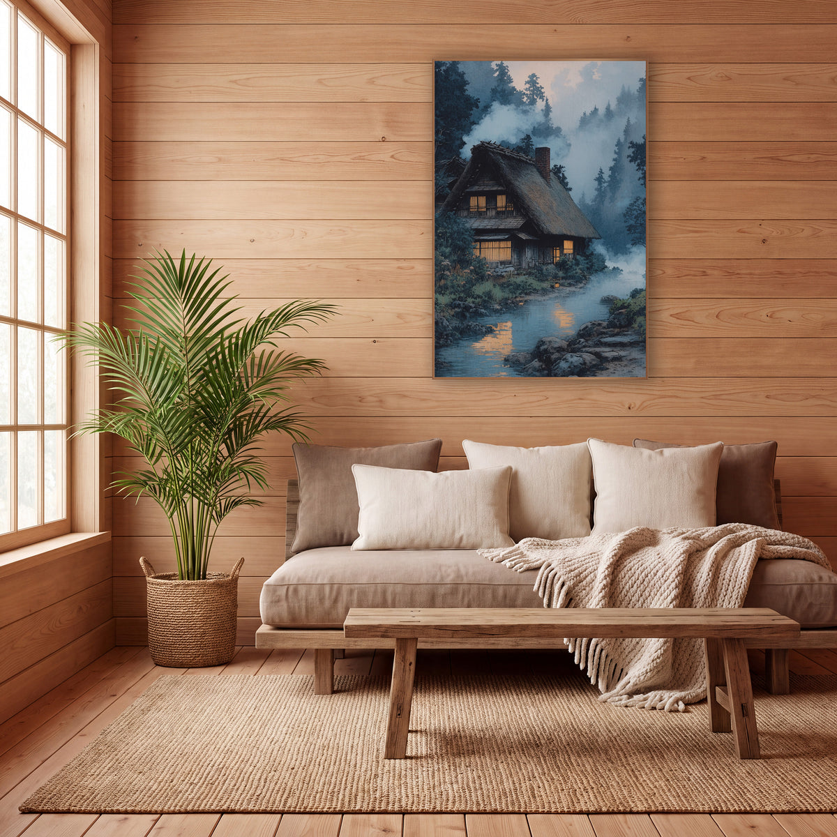 Misty River Farmhouse Japandi wall art in a calm Japandi-style room – thatched farmhouse with glowing amber windows