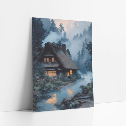 Misty River Farmhouse Japandi art print leaning against a white wall – thatched farmhouse with glowing amber windows