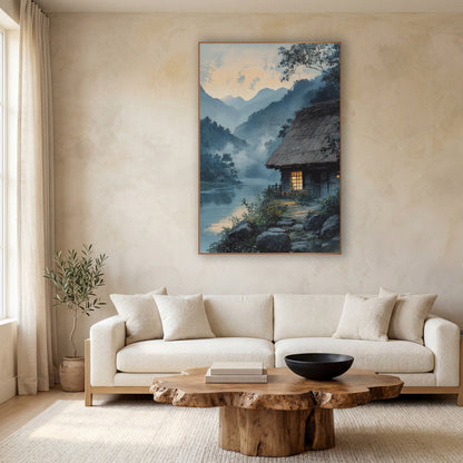 Misty River Thatched Cottage Japandi wall art in a calm Japandi-style room – thatched cottage with a glowing window