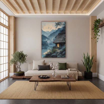 Misty River Thatched Cottage Japandi wall art in a calm Japandi-style room – thatched cottage with a glowing window