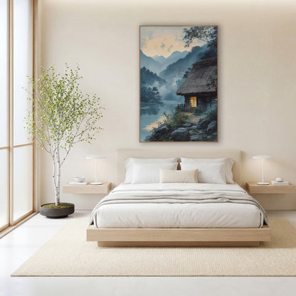Misty River Thatched Cottage Japandi wall art in a calm Japandi-style room – thatched cottage with a glowing window