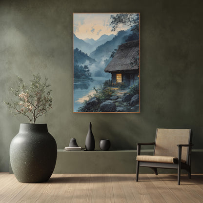 Misty River Thatched Cottage Japandi wall art in a calm Japandi-style room – thatched cottage with a glowing window