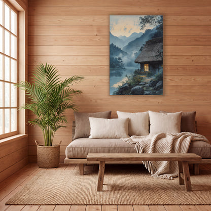 Misty River Thatched Cottage Japandi wall art in a calm Japandi-style room – thatched cottage with a glowing window