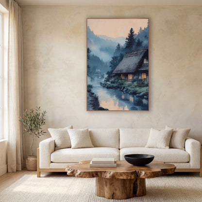 Thatched Farmhouse Misty River Japandi wall art in a calm Japandi-style room – thatched farmhouse with glowing windows