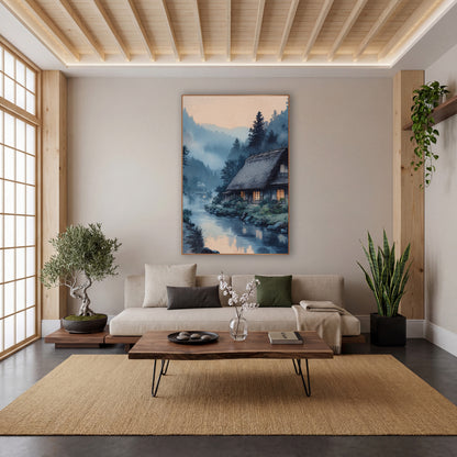 Thatched Farmhouse Misty River Japandi wall art in a calm Japandi-style room – thatched farmhouse with glowing windows