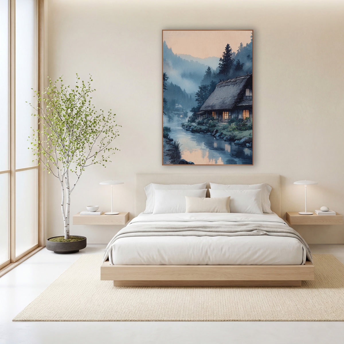 Thatched Farmhouse Misty River Japandi wall art in a calm Japandi-style room – thatched farmhouse with glowing windows