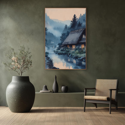 Thatched Farmhouse Misty River Japandi wall art in a calm Japandi-style room – thatched farmhouse with glowing windows