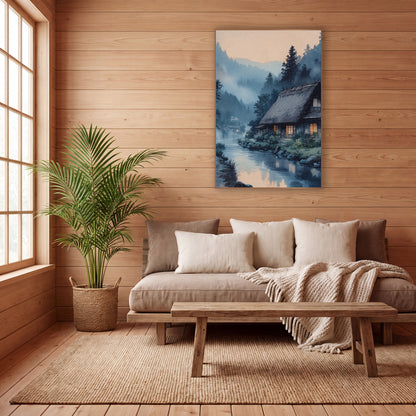 Thatched Farmhouse Misty River Japandi wall art in a calm Japandi-style room – thatched farmhouse with glowing windows